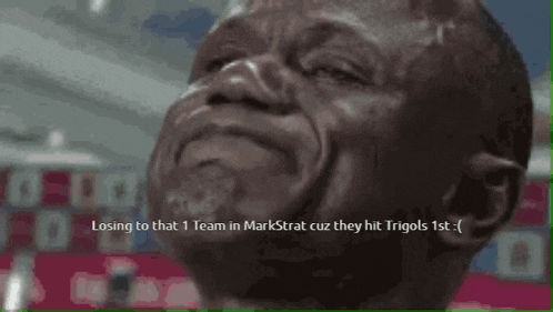 a man with his eyes closed and the words losing to that 1 team in markstrat cuz they hit trigols 1st behind him