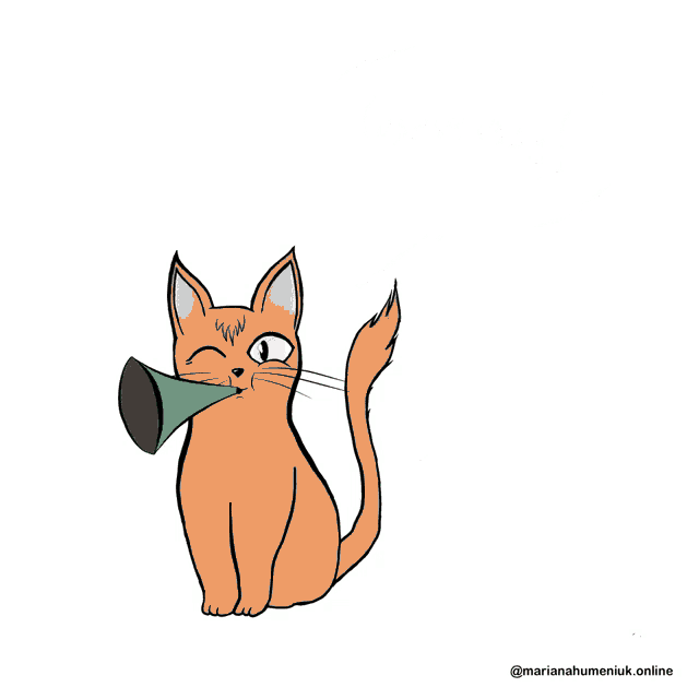a cartoon of a cat blowing a party horn with a speech bubble that says hooray