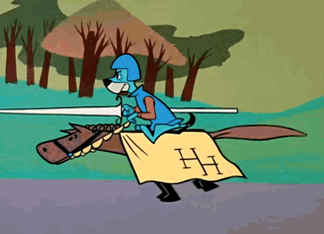 a cartoon of a dog riding a horse with a h on the blanket
