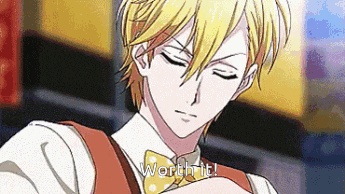a man with blonde hair is wearing a bow tie and a vest and says worth it .
