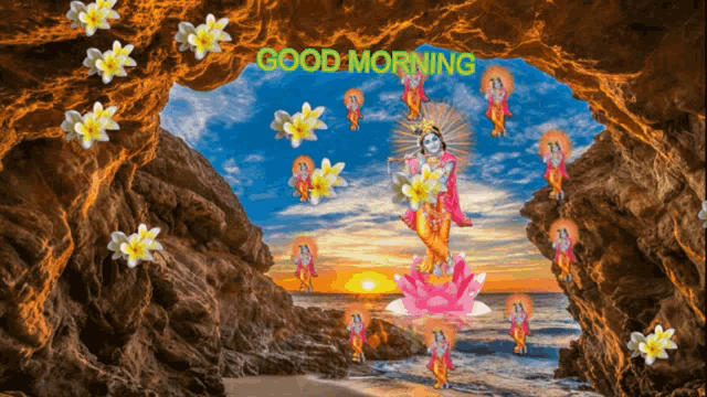 a painting of a cave with flowers and the words " good morning "