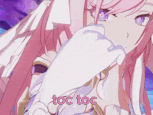 a girl with pink hair and white gloves has the word toc too written below her