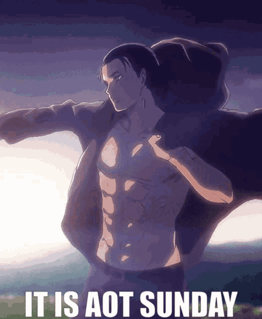a shirtless anime character with the words " it is aot sunday " on the bottom