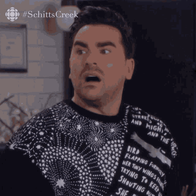 a man is wearing a black and white sweater that says schitts creek