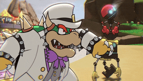 a cartoon of bowser standing next to a robot with a red head