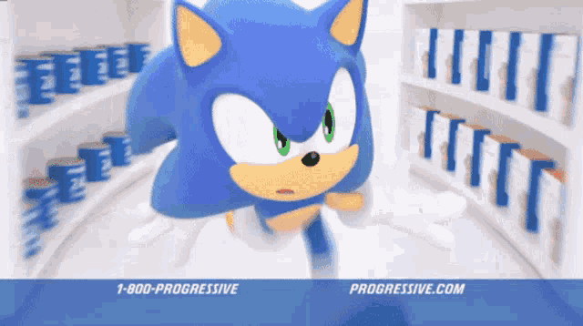 a cartoon of sonic the hedgehog in a store with progressive.com on the bottom