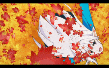 a girl with white hair and red leaves on her head