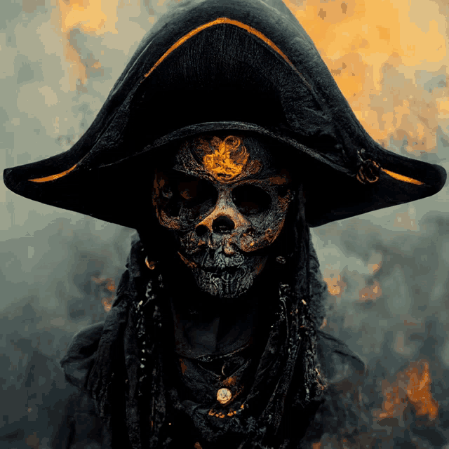 a pirate with a skull on his face and a black hat