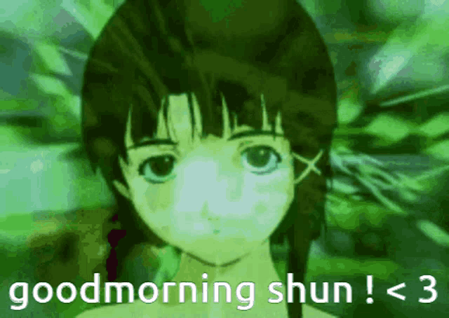 a picture of a girl with the words goodmorning shun < 3 below her