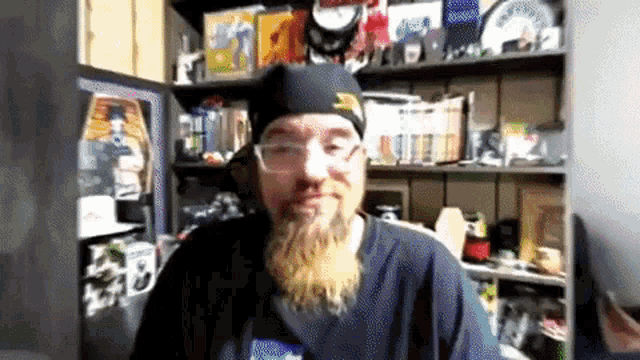 a man with a beard wearing a black hat and glasses is standing in front of a shelf full of toys