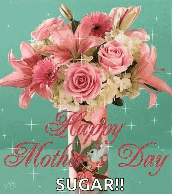 a happy mother 's day card with a vase of pink flowers