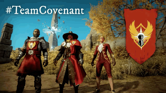 a group of people standing in front of a sign that says team covenant
