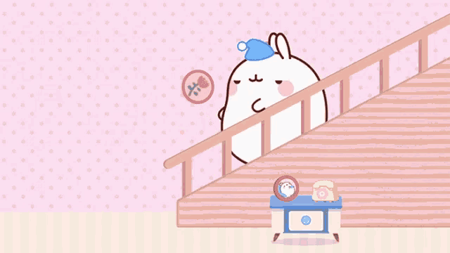 a cartoon rabbit is walking up the stairs