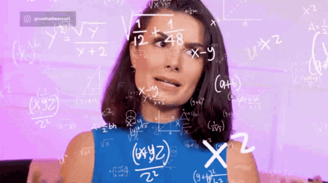 a woman is surrounded by mathematical equations including x + y