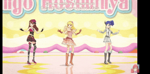 three anime girls are dancing in front of a sign that says but we 'll cheer you up before it fails