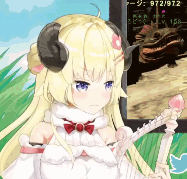 a girl with horns is holding a harp in front of a screen with 9721972 written on it