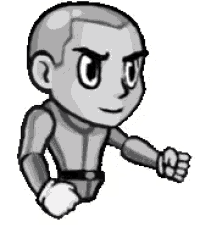 a black and white cartoon of a robot with a shaved head and a fist in his hand .