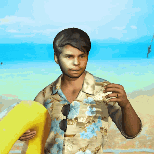 a man in a floral shirt holds a yellow life preserver