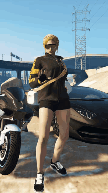 a woman standing in front of a car and a motorcycle with a jacket that says king on it