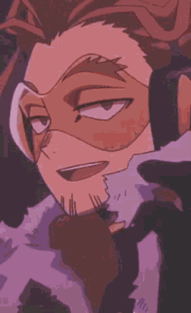a close up of hawks from my hero academia wearing a mask and headphones .