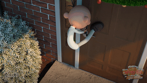 a cartoon character is trying to open a door with the words wimpy kid last straw on the bottom