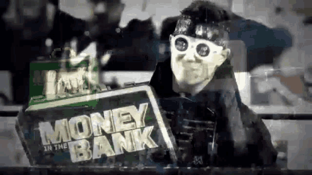 a man in a mask is holding a sign that says money bank
