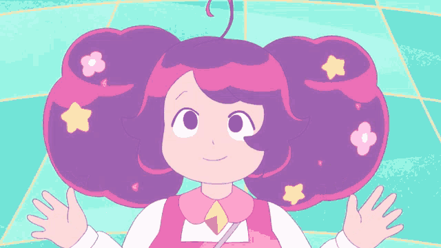 a cartoon drawing of a girl with purple hair and yellow stars