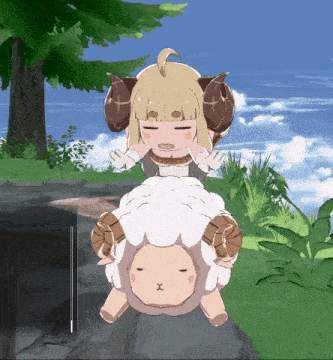 a girl with horns is sitting on a sheep
