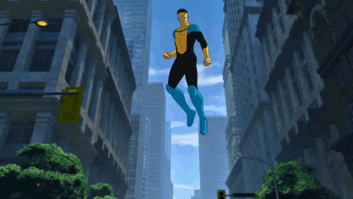 a man in a superhero outfit is flying through the air