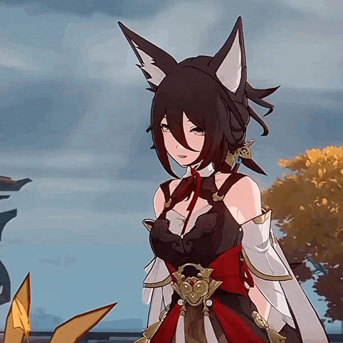 a girl with fox ears is wearing a red and black dress and standing next to a fox .