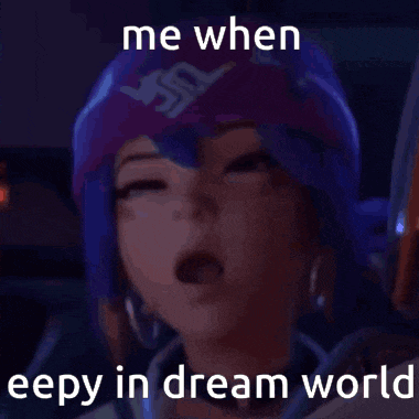 a girl with purple hair is yawning with a caption that says me when eepy in dream world .