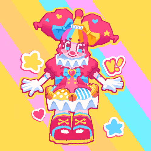 a pixel art drawing of a clown with hearts and stars surrounding her