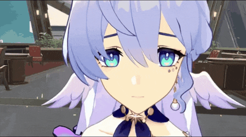 a close up of a cartoon character with blue eyes and purple hair