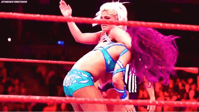 two women are wrestling in a wrestling ring .
