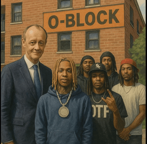 a group of men standing in front of a brick building with a sign that says o-block