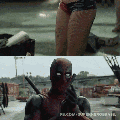 deadpool is holding a gun next to a woman in shorts