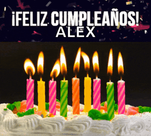 a birthday cake with candles and the name alex