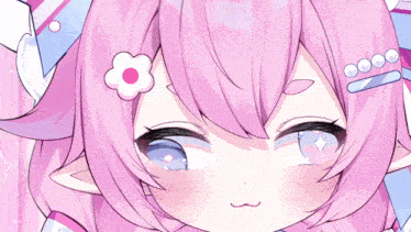 a close up of a girl with pink hair and blue eyes