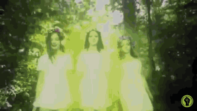three women are standing next to each other in a forest with a yellow light coming out of the trees .