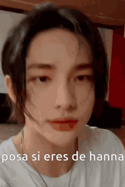 a close up of a person 's face with the words posa si eres de hanna above it