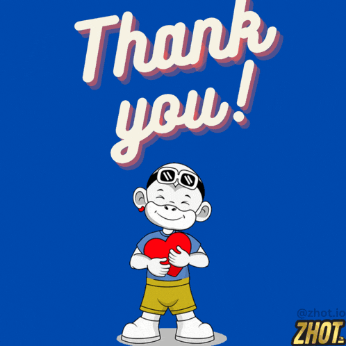 a cartoon character is holding a red heart in front of a thank you sign