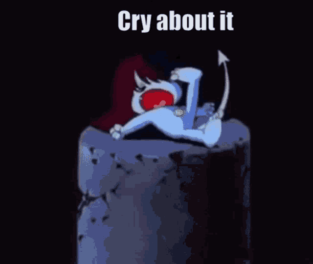 a cartoon character is laying on top of a concrete block with a devil tail .