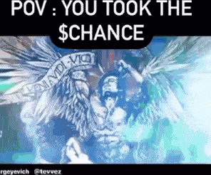 a drawing of a man with wings and the words " you took the $ chance "