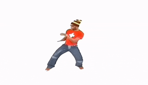 a man in a red shirt and a yellow and black hat is dancing