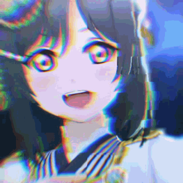 a close up of a colorful anime girl 's face with her mouth open