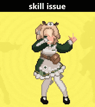 a pixel art of a girl in a maid outfit with the words skill issue written above her