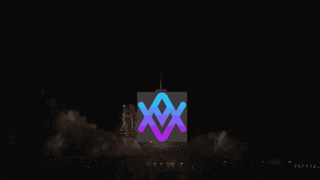 a picture of a rocket being launched with a purple and blue x on it