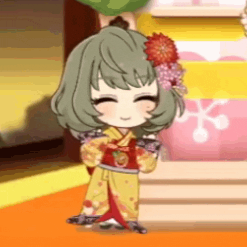 a cartoon girl is wearing a kimono and smiling while standing on a rug .