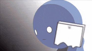 a cartoon character is holding a piece of paper in front of his face .