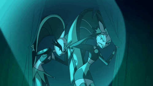 a couple of cartoon characters standing next to each other in a dark room